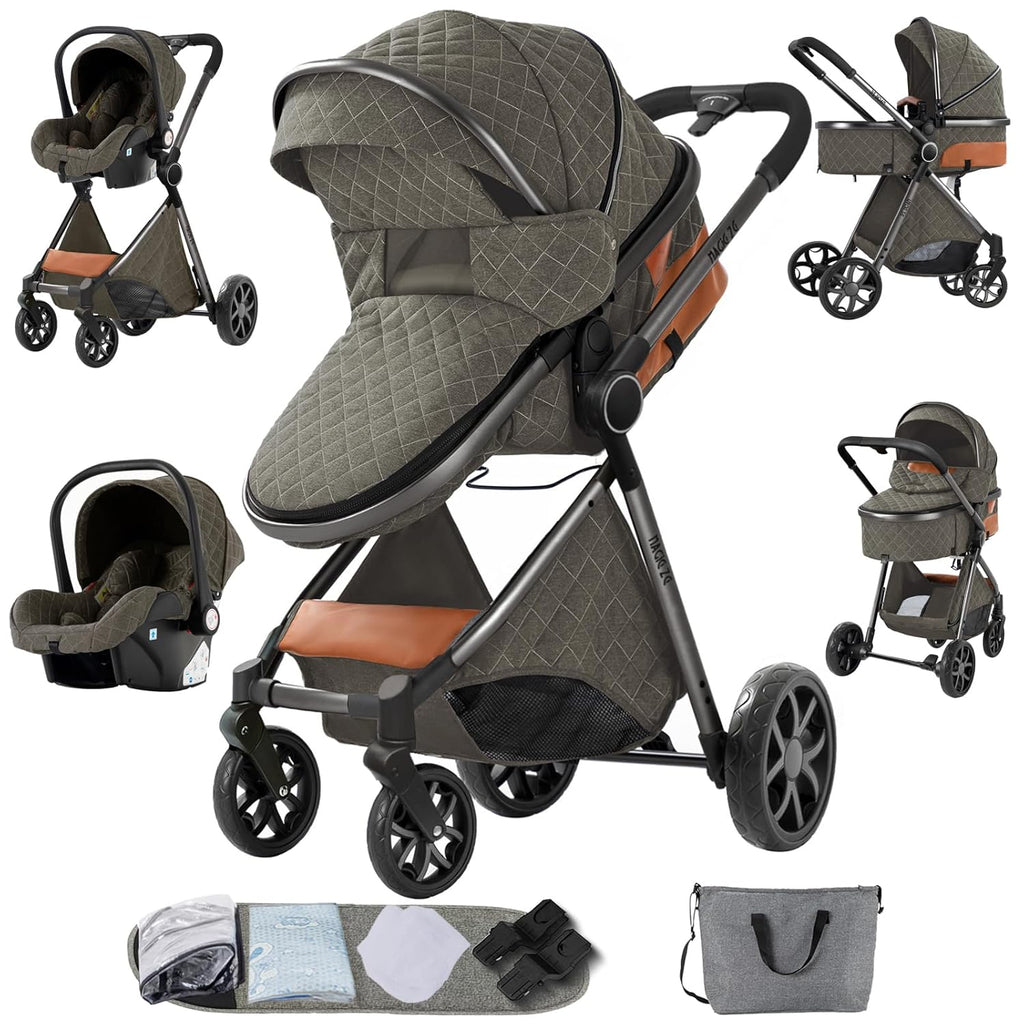 Sianldcone Passeggino 3 in 1, Set Passeggino con Tessuti di Alta Qualità, Sistemi di Viaggio con Spinta Reversibile, Passeggino Combinato a Vista Aperta Set Completo 3 in 1 (V9 Cachi)