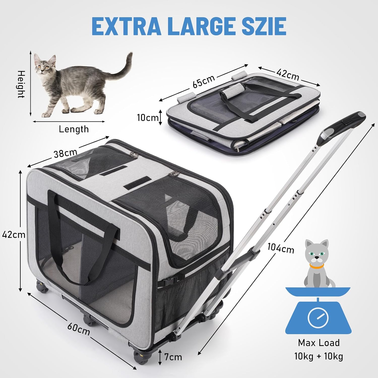 FASNATI Extra groe Doppel-Fach-Haustier-Tragetasche mit abnehmbaren Rdern für Katze/Hund, faltbare Rolltrage für 2 Katzen, Haustier-Katzen-Reisetrage für Spaziergnge/Camping, Grau