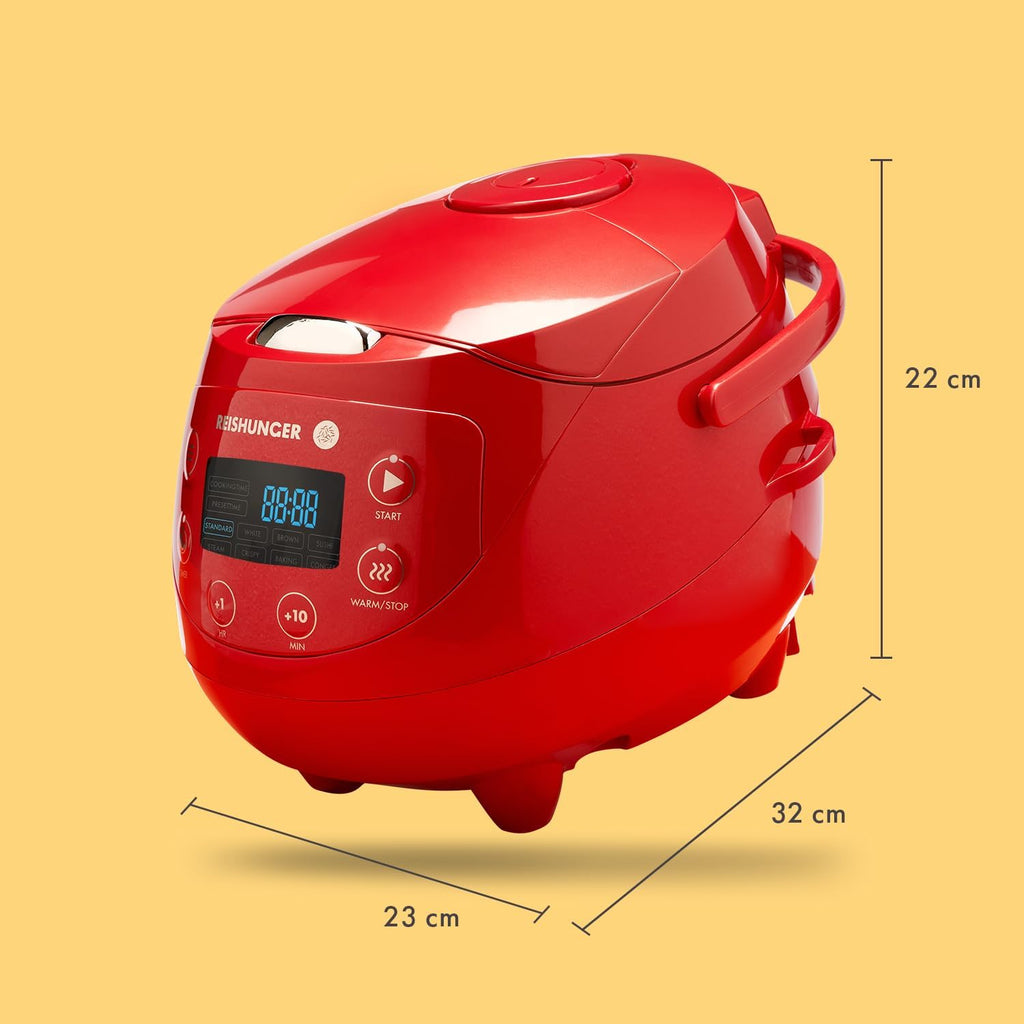 REISHUNGER Cuociriso digitale piccolo, nero | Da 0,6 L fino a 3 persone | Funzione mantenimento calore, timer e pentola premium | Multicooker e vaporiera piccoli, 8 programmi, tecnologia a 7 fasi