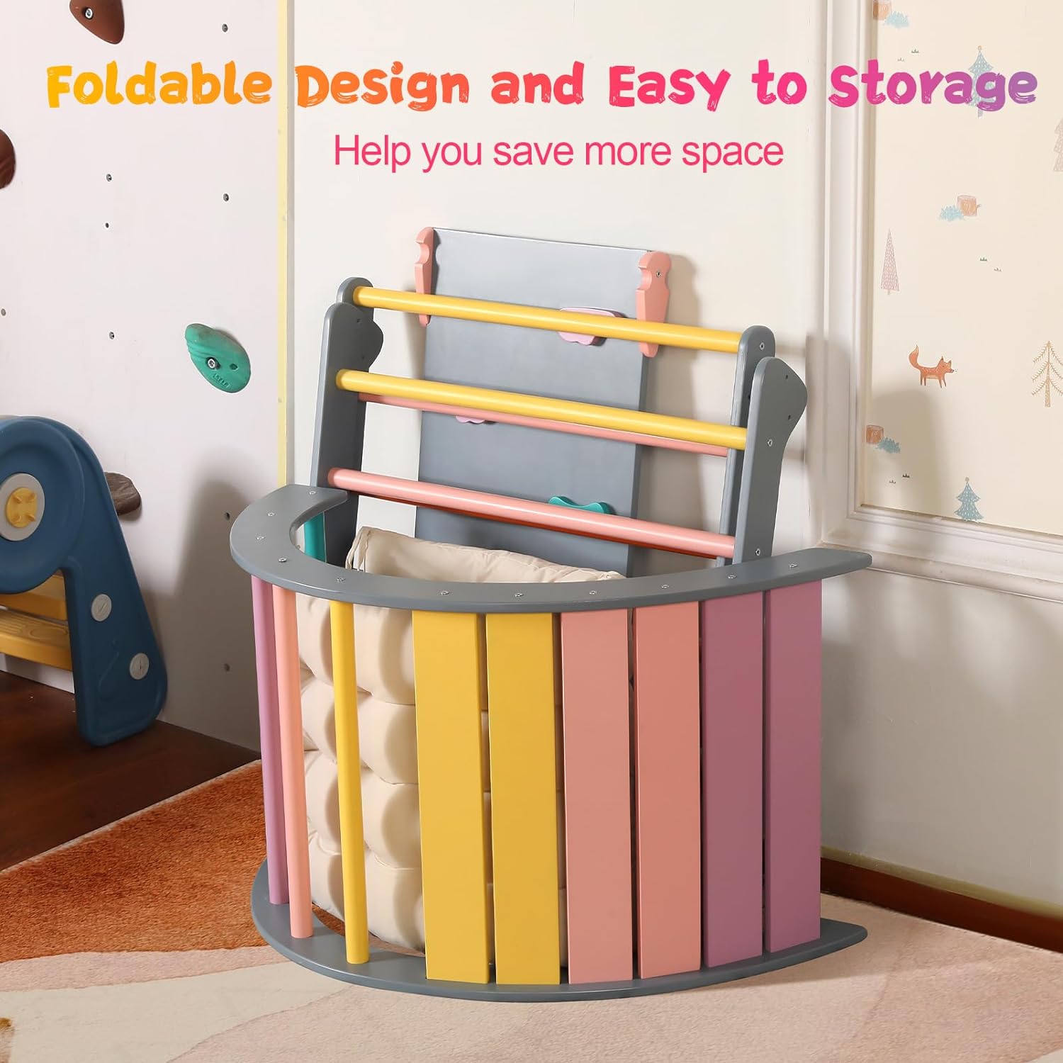 Set di triangoli con cuscino, set da arrampicata Montessori 5 in 1 pieghevole, set da arrampicata per interni per bambini, giocattolo da arrampicata in legno con rampa e arco da arrampicata per bambini (colore legno)