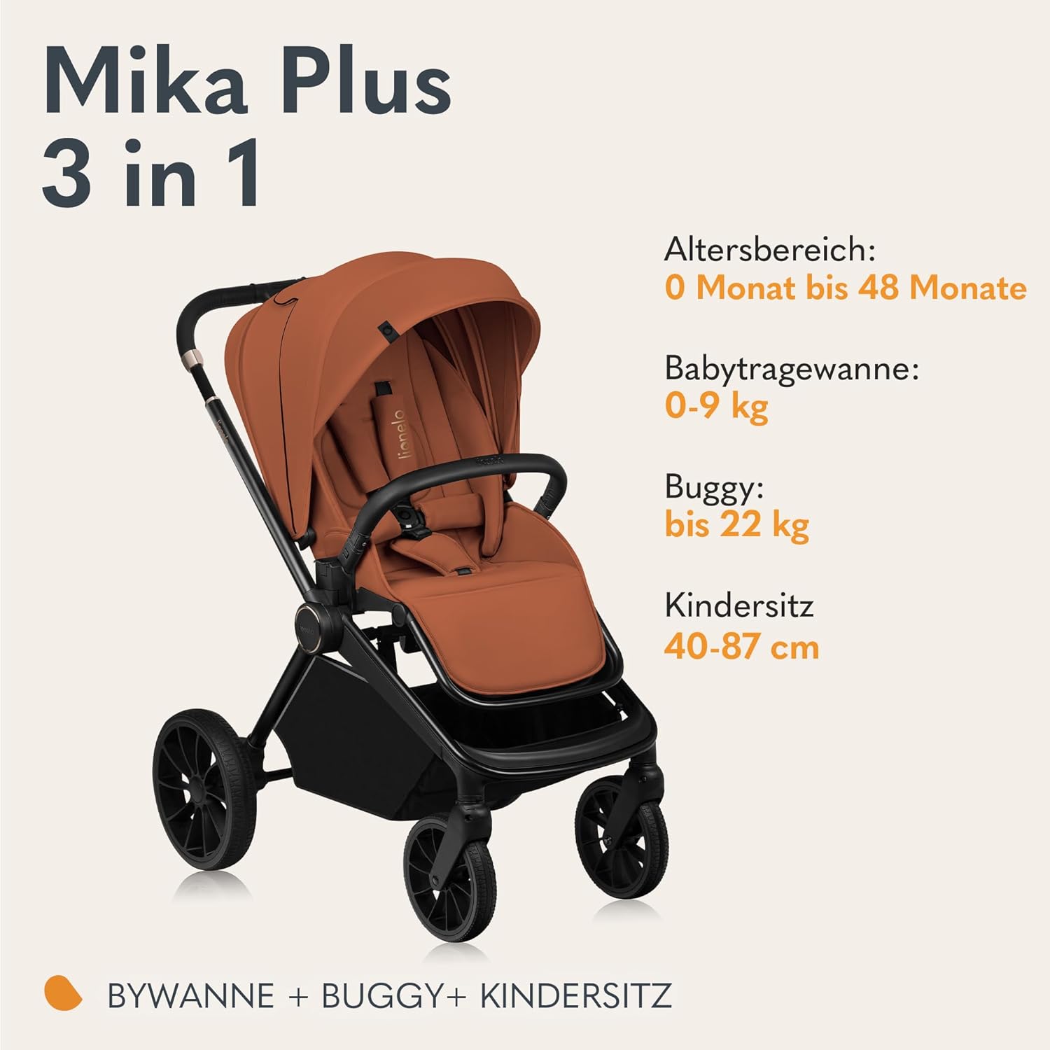 Passeggino LIONELO MIKA PLUS 3-in-1, da 0 a 48 mesi, fino a 22 kg, navicella fino a 9 kg, seggiolino auto fino a 13 kg, schienale regolabile, ammortizzazione, ruote a 360°, cappottina XXL