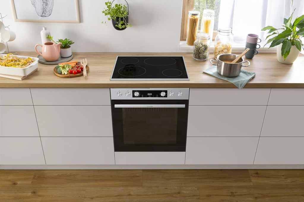 Gorenje Forno da Incasso con Piano Cottura in Vetroceramica, Set 4, Ventilato, Inox / 77 Litri / ExtraSteam / GentleClose & Open / EcoClean / AirFry / PizzaMode / PerfectGrill / Guide Telescopiche / Estetica Inox