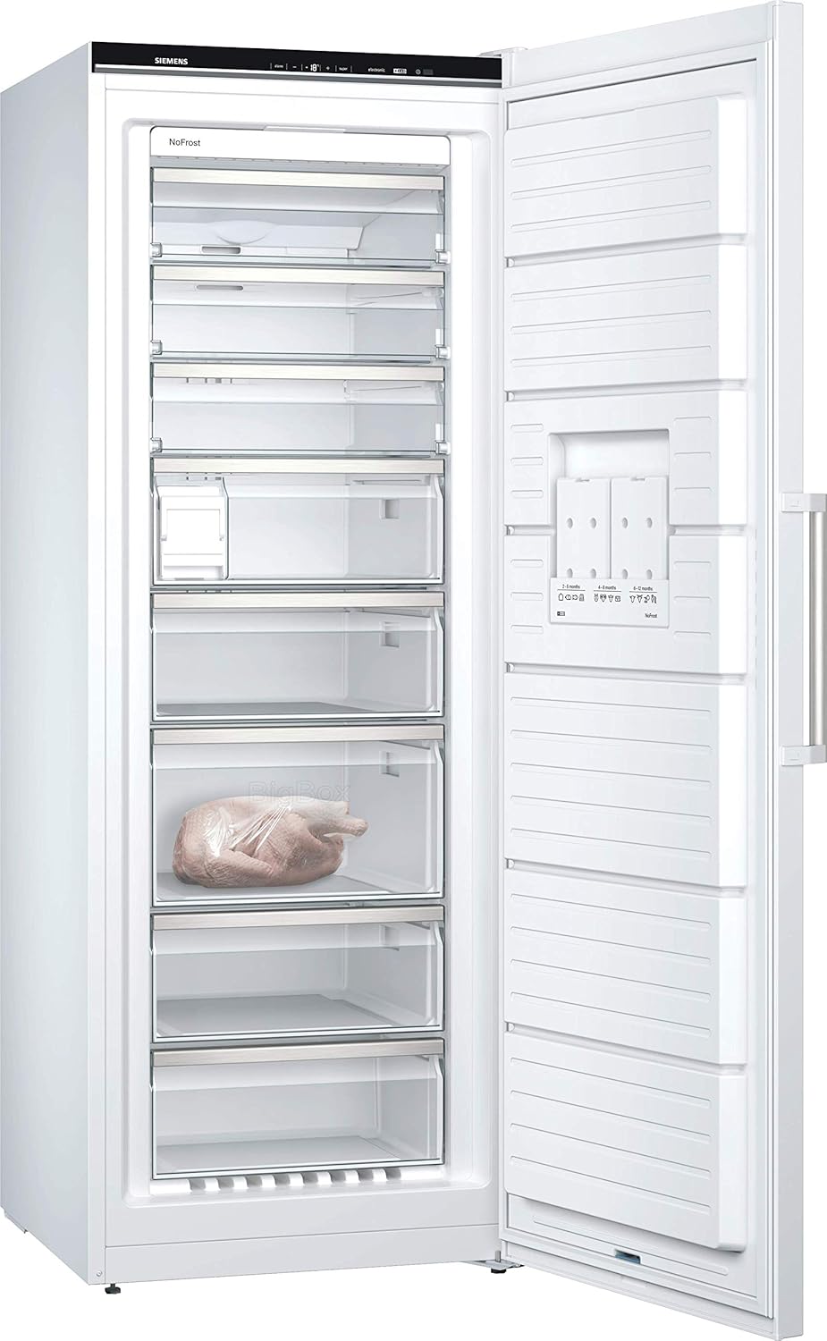 Siemens GS54NAWCV iQ500 Congelatore verticale, 176 x 70 cm, 327 L, NoFrost mai più sbrinamento, bigBox spazio per alimenti di grandi dimensioni, varioZone ripiani e cassetti flessibili in vetro, Bianco