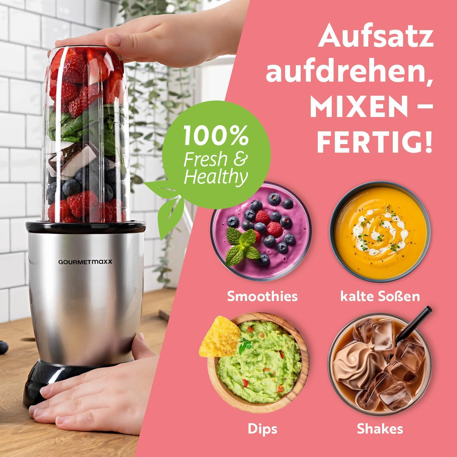 GOURMETmaxx Frullatore per Smoothie e Frullatore a Immersione Set da 18 pezzi - 400W | Frullatore Elettrico da 750ml, Mixer con 4 Bicchiere To-Go, 2 Lame, Spremiagrumi, Piedistallo e Coperchio | Lavabile in Lavastoviglie, a Prova di Perdite e Senza BPA