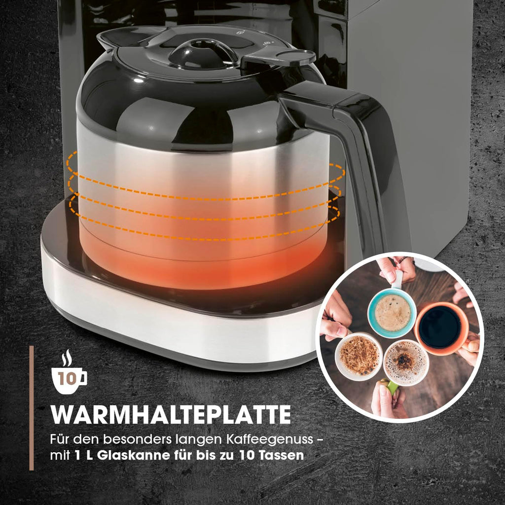 Barista Kaffeemaschine mit Mahlwerk | Filterkaffeemaschine mit Glaskanne | 900W Filtermaschine mit Touchdisplay & Timerfunktion für bis zu 10 Tassen | 1,25 Liter Kaffeekanne | Für Bohnen & Pulver