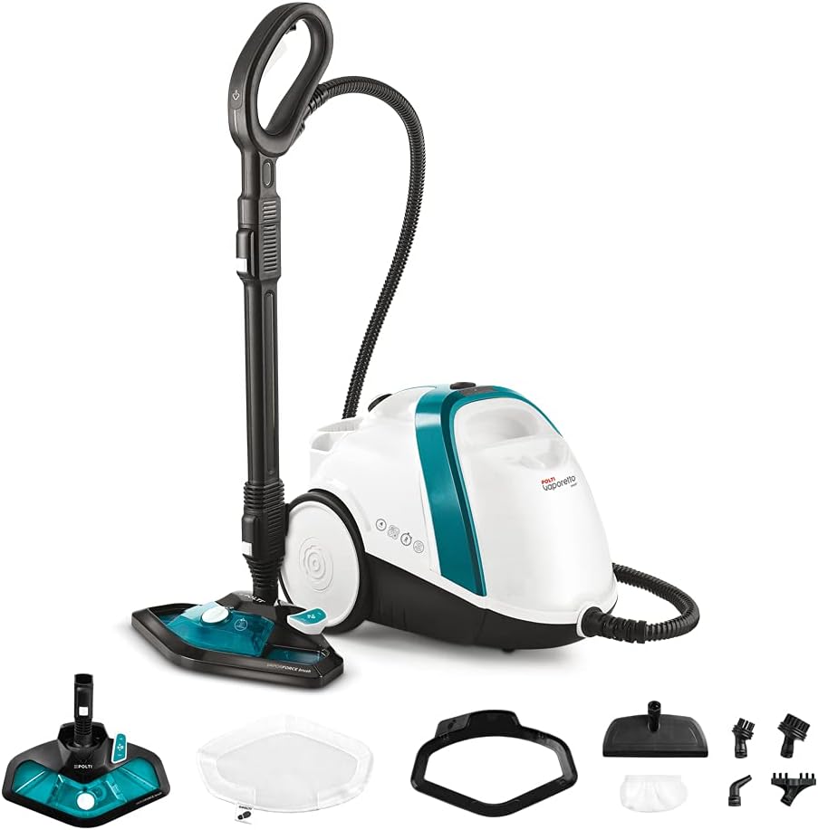 POLTI 8012628 Vaporetto   100 T Dampfreinigungsgert mit 4 Bar, ttet und beseitigt 99,99 Prozent Viren, Keime und Bakterien, Weiss/Türkis Metallic, Wassertankkapazitt 2 l, Dampfmenge 110 g/Min