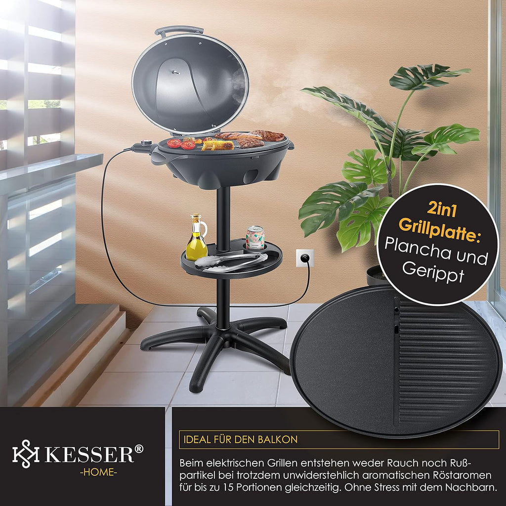 KESSER® Barbecue elettrico 2 in 1 da tavolo e da terra con coperchio, base, termometro max. 2400 Watt, piastra antiaderente XXL, ripiano, barbecue elettrico a colonna, set per barbecue incluso