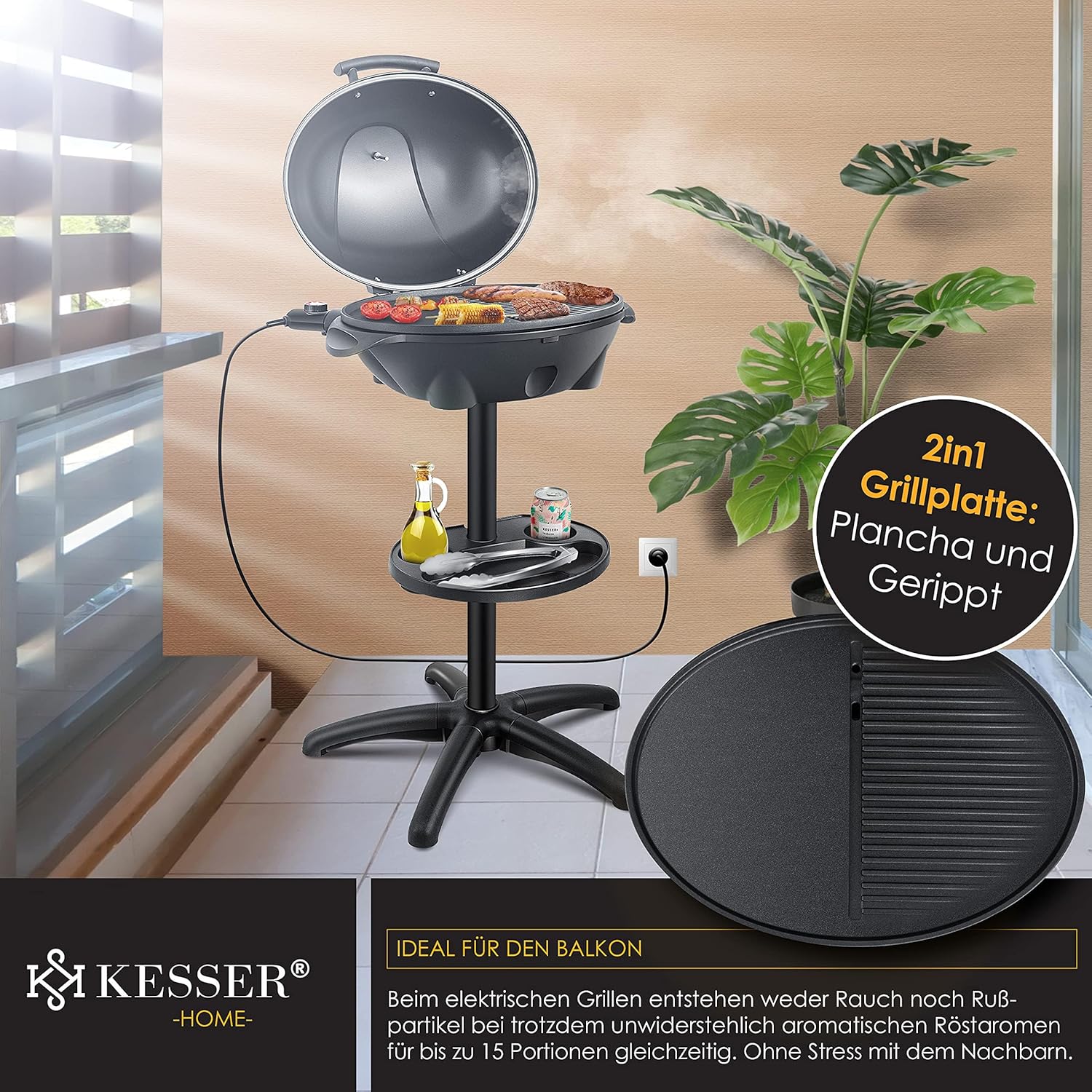 KESSER® Barbecue elettrico 2 in 1 da tavolo e da terra con coperchio, base, termometro max. 2400 Watt, piastra antiaderente XXL, ripiano, barbecue elettrico a colonna, set per barbecue incluso