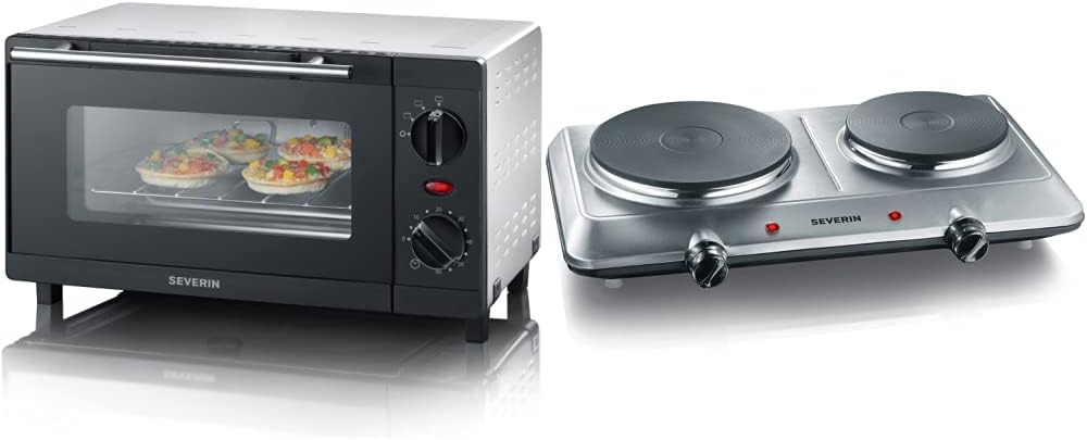 SEVERIN TO 2052 Forno tostapane (800 W, incl. griglia e teglia da forno, 9 L) argento/nero e 2287-000 Tostapane automatico, incl. supporto per panini, 2 fessure, 700 W, AT 2287, nero