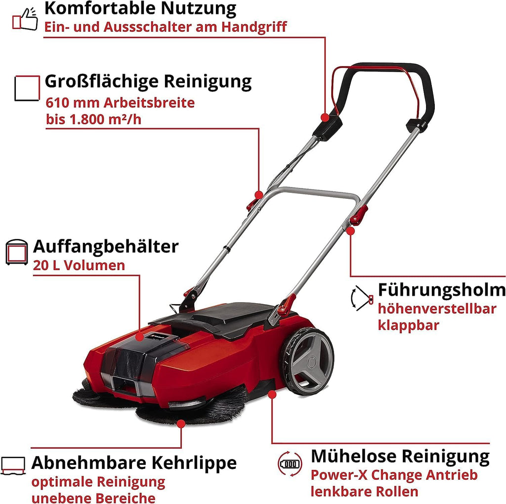 Einhell Spazzatrice a batteria TE-SW 18/610 Li-Solo Power X-Change (18 V, Li-Ion, serbatoio sporco 20 L, larghezza di lavoro 61 cm, posizione di parcheggio, manico regolabile, labbro rimovibile, interruttore on-off), Rosso