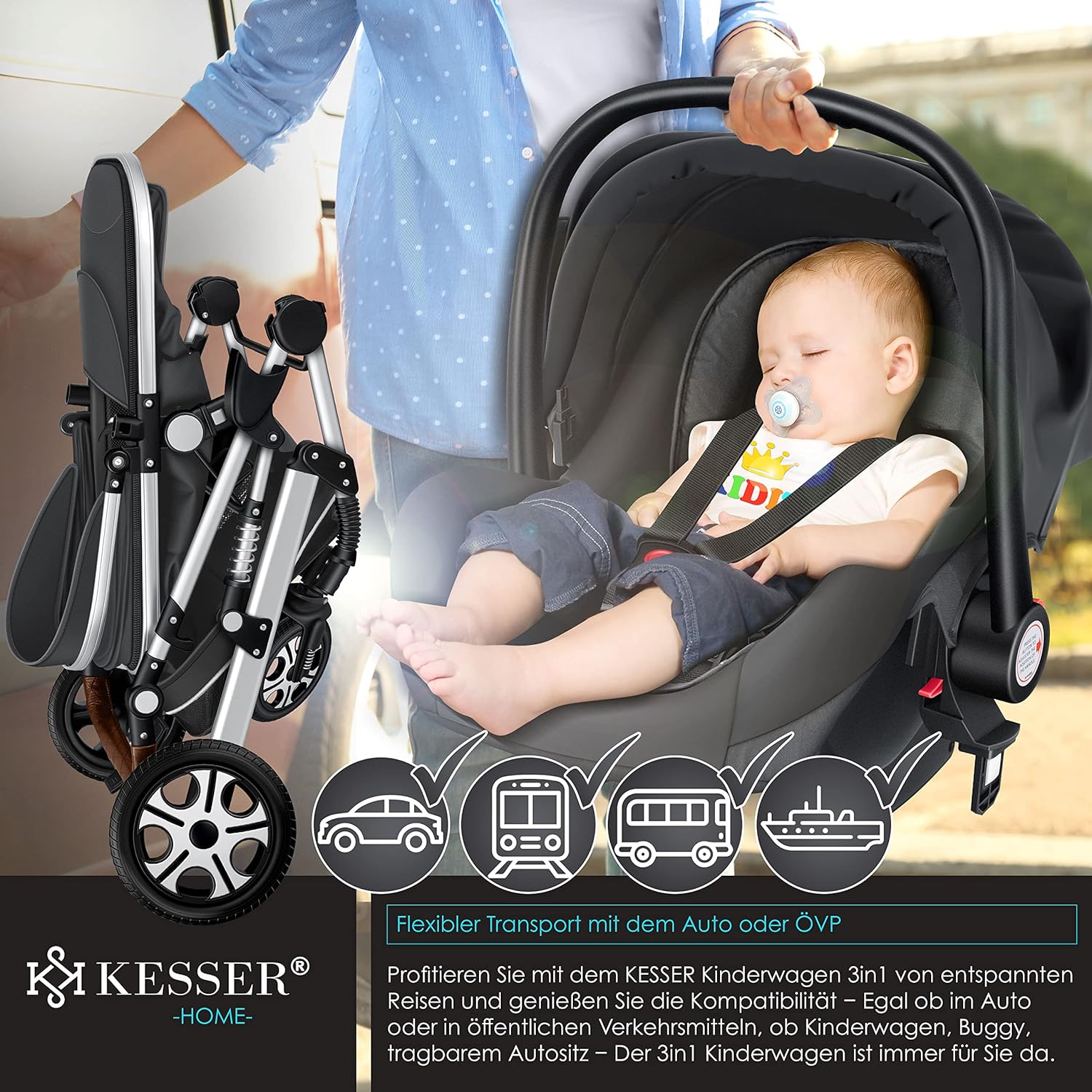KESSER Loops 3 in 1 Passeggino Combinato, Set Completo con Navicella, Seduta Sportiva Buggy e Seggiolino Auto Ovetto, Gomme Piene, Borsa Fasciatoio, Parapioggia, Tavolino, ECE R129, Nero/Champagne