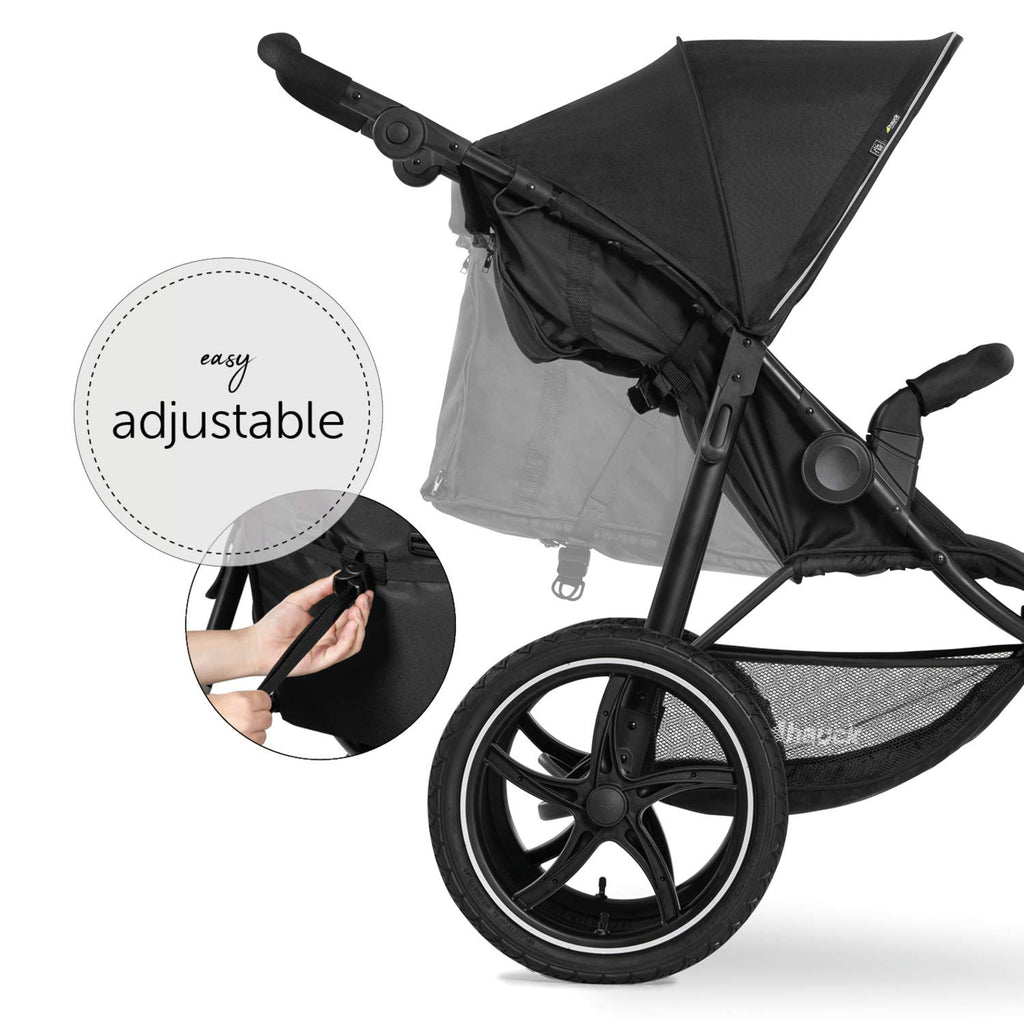 hauck Passeggino Runner 2, Passeggino a tre ruote con ruote pneumatiche XL per bambini fino a 22 kg, Protezione UV 50+, Finestra di ventilazione, Regolabile in altezza, Pieghevole, Cestino XL fino a 3 kg, Funzione reclinabile (Nero)