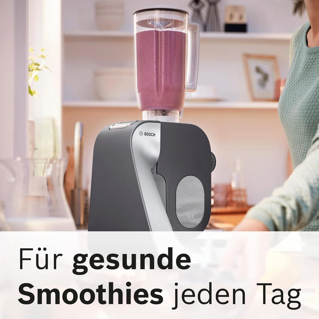 Bosch Robot da cucina Serie 4 MUM56340, Ciotola 3,9 L, Frullatore 1,25 L, Tritacarne, Spremiagrumi, Movimento planetario, Gancio impastatore, Frusta, Sbattitore, Taglierino continuo, 3 dischi, 900 W, Argento/ Grigio