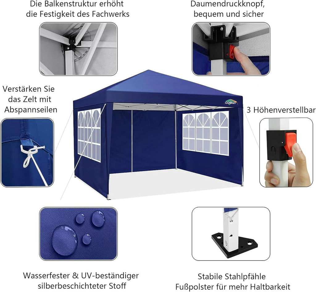 COBIZI Gazebo Pieghevole 3x6 Impermeabile Stabile con 6 Pareti Laterali, Tenda a Padiglione con Tetto a Punta, 3 Altezze Regolabili, Protezione UV, Borsa per Il Trasporto, Picchetti, Corde per Giardino, Matrimoni, Mercati, Eventi all'Aperto
