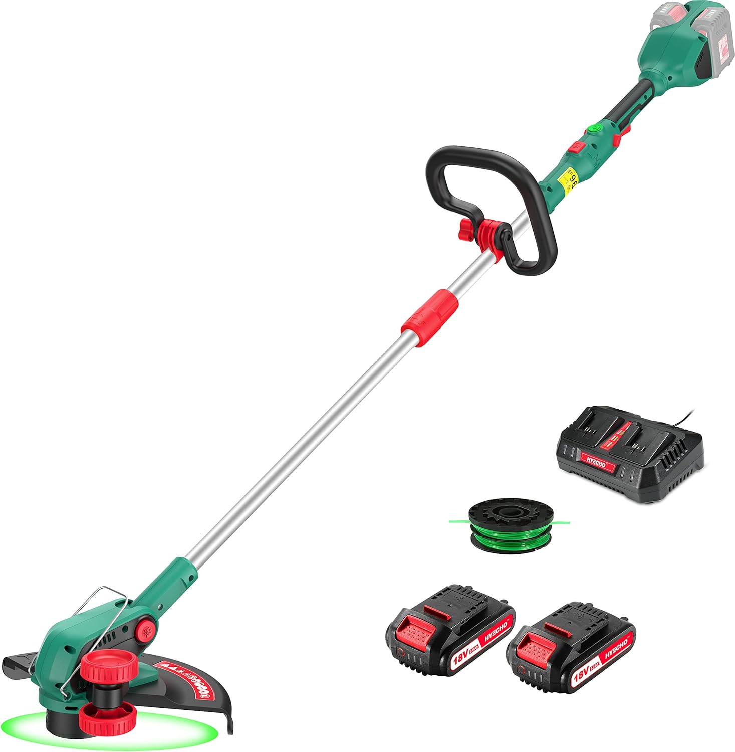 Tagliabordi a batteria HYECHO 36V, Tagliabordi senza spazzole con 2 batterie da 2,0Ah, Tagliabordi a batteria con velocità variabile, Diametro di taglio 35 cm, Impugnatura regolabile, Testa girevole a 2 fili