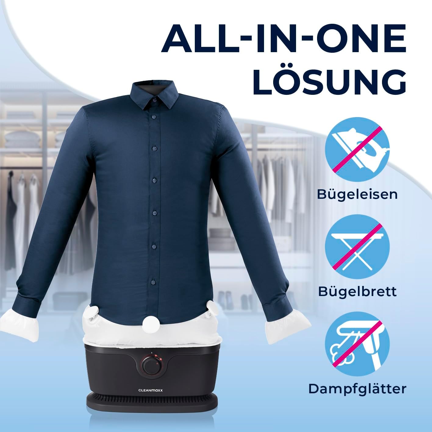 CLEANmaxx Stiratore automatico per camicie per asciugare e stirare camicie e bluse, inclusivo di accessorio per pantaloni | Il modo innovativo e delicato per stirare il vostro bucato