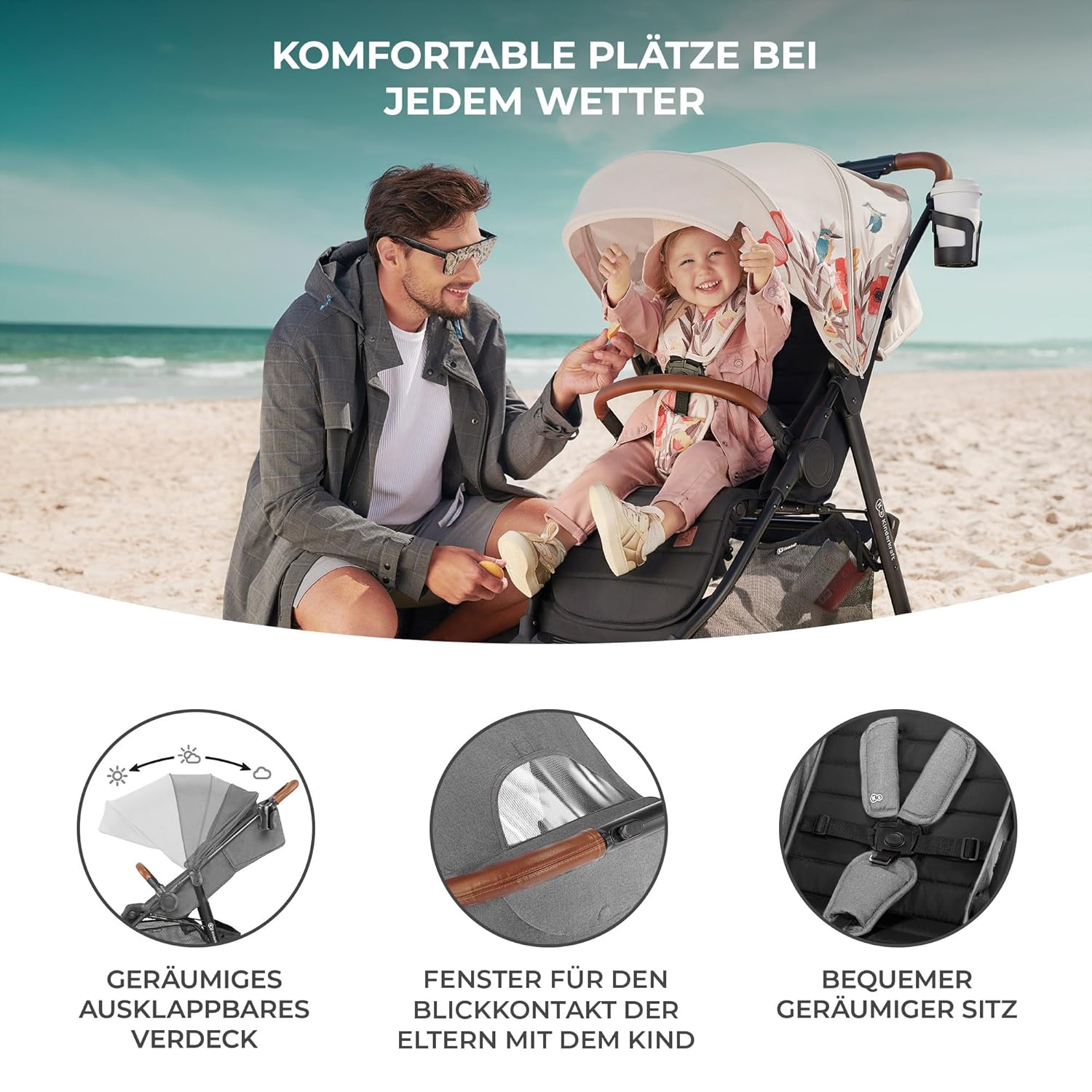 Kinderkraft GRANDE PLUS Passeggino Kinderkraft dalla nascita fino a 22 kg, chiusura con una mano, posizione reclinata, cappottina grande con finestra, tutte e 4 le ruote ammortizzate, seduta spaziosa, Grigio