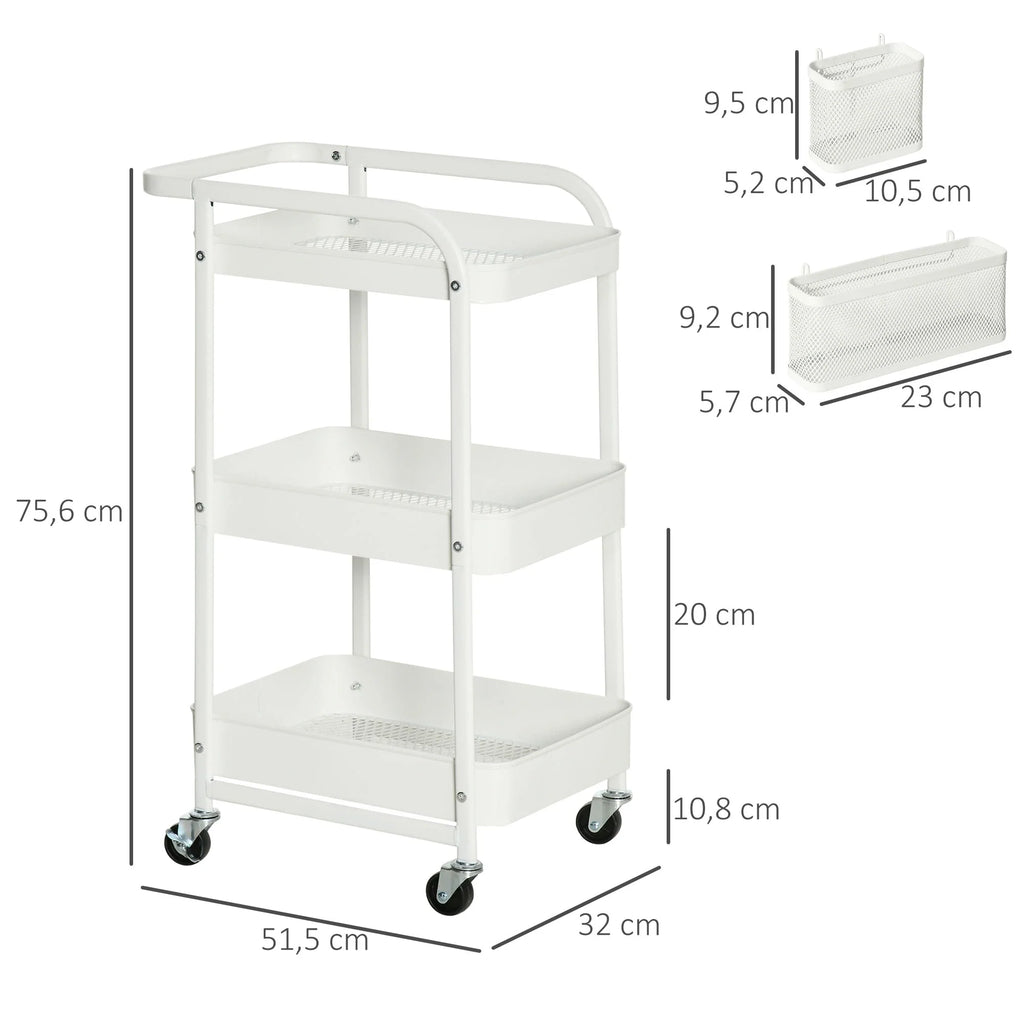 HOMCOM Carrello Cucina Carrellino Salvaspazio con 3 Cesti e Ruote Bianco