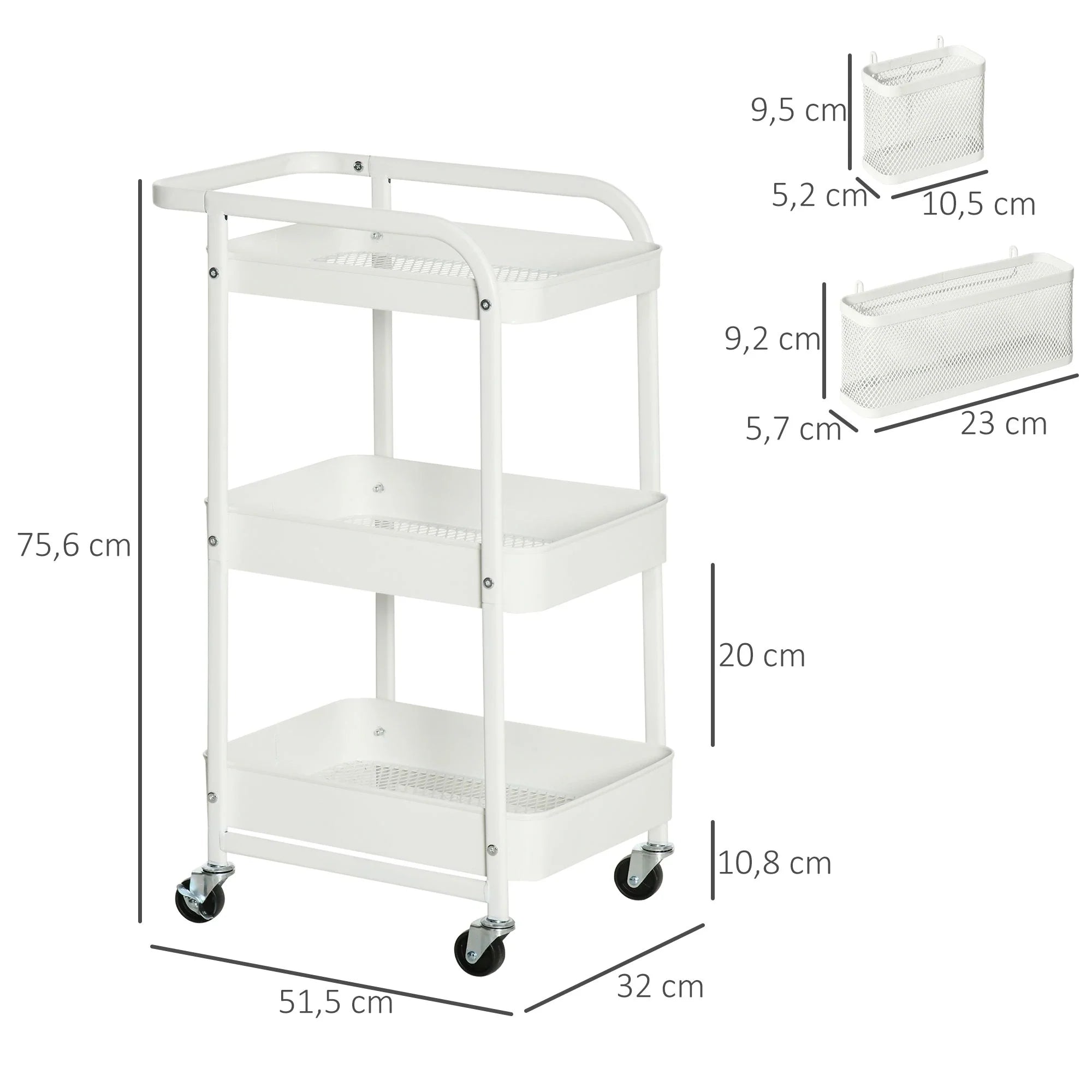 HOMCOM Carrello Cucina Carrellino Salvaspazio con 3 Cesti e Ruote Bianco