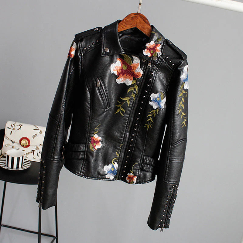 Floral leather jacket with artisanal detailing