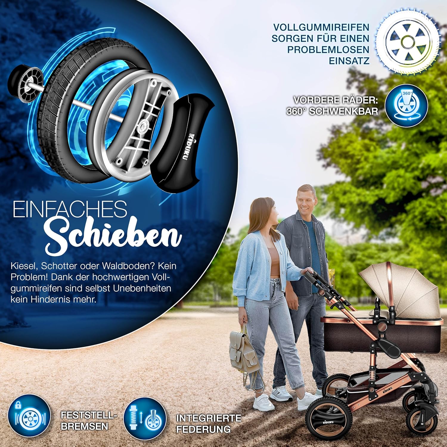 KIDUKU® Set completo passeggino 3 in 1 | Set passeggino combinato con navicella e sedile sportivo passeggino e seggiolino auto ovetto sacco a pelo | Ruote in gomma piena borsa per il cambio scaldamani parapioggia tavolino ECE R129