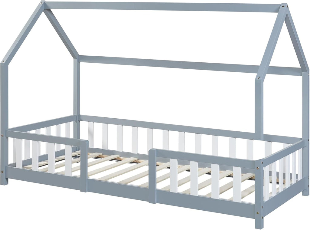 [en.casa] Letto per bambini Sisimiut a capanna 80 x 160 cm con protezione anticaduta letto in legno per bambini letto a terra rete a doghe in legno di pino Bianco opaco