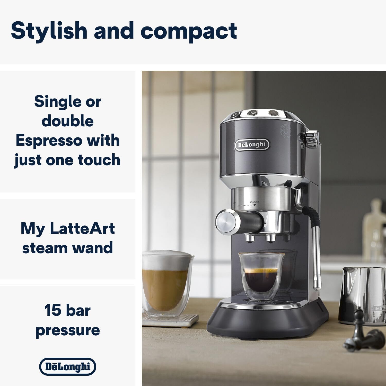 De'Longhi Dedica Style EC 685.M – Macchina da caffè espresso con portafiltro, con montalatte professionale, larga solo 15 cm, per caffè in polvere o cialde ESE, serbatoio dell'acqua da 1 l, argento