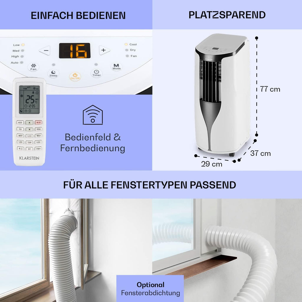 Klarstein Climatizzatore Portatile con Tubo di Scarico, 3-in-1 Condizionatore con Ventilatore e Deumidificatore, Climatizzatore Piccolo e Portatile per Casa e Ufficio, 10000 BTU AC a Basso Consumo