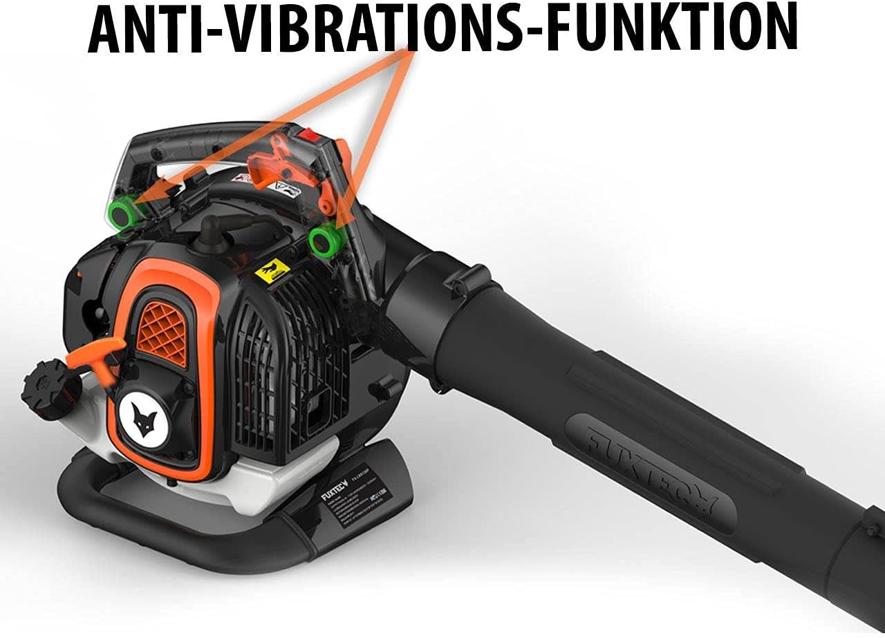 FUXTEC Aspiratore/Soffiatore Professionale a Benzina FX-LBS126P – Soffiatore & Trituratore con Tubo di Soffiatura – Tubo di Aspirazione & Sacco di Raccolta da 60L – Funzione Antivibrazione – Velocità di Soffiatura 62,7 m/s