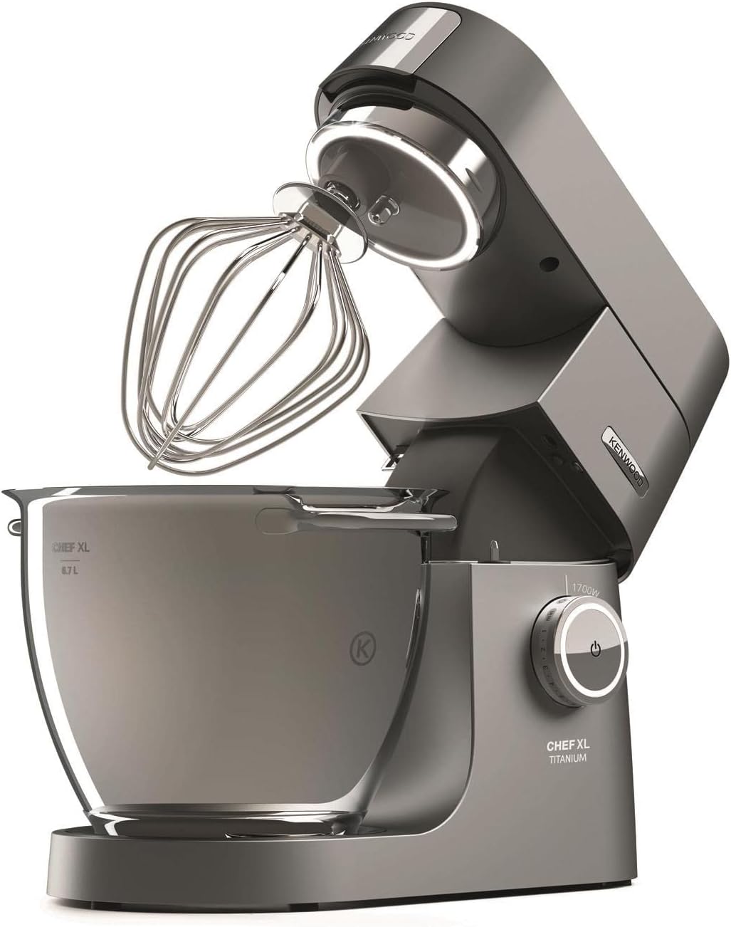 Kenwood Titanium Chef Baker KVL85.424SI Robot da cucina con bilancia integrata, incl. set pasticceria da 4 pezzi, ciotole da 7 L e 5 L, regolazione continua della velocità, 1200 W, Argento