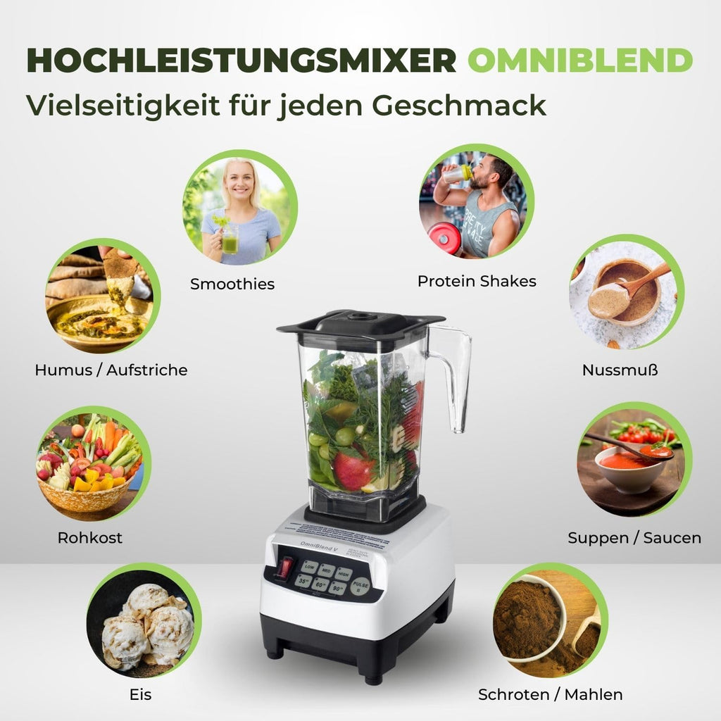 OmniBlend Smoothie Maker 2L in schwarz I Smoothie Mixer inkl. BPA-freiem Behlter & 6-Klingen-System aus Edelstahl I Mixer Smoothie Maker ideal für grüne Smoothies I Standmixer mit 3 PS Motor