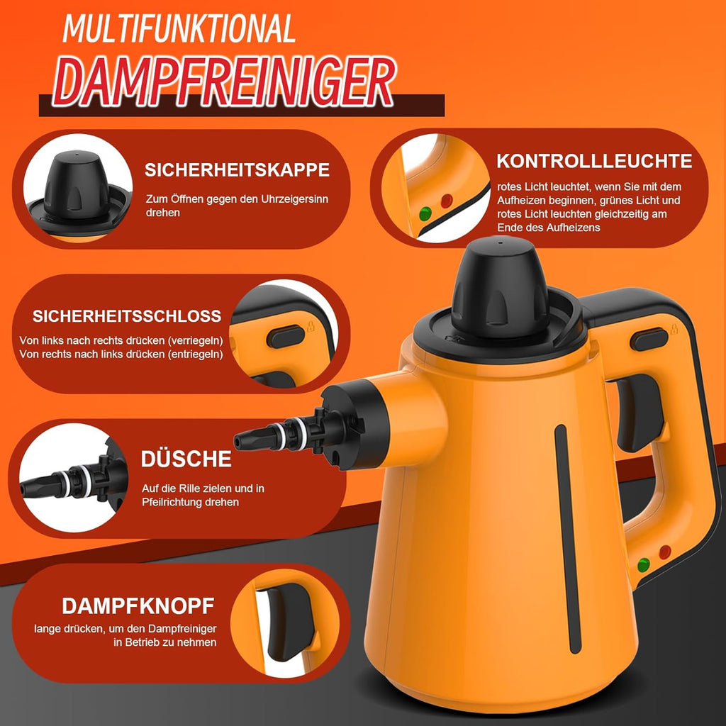 Pulitore a vapore con 10 accessori, 1050W Pulitore a vapore portatile per tutti i punti difficili da raggiungere come lavandini, WC, Pulitore a vapore multifunzionale per la casa e i pavimenti