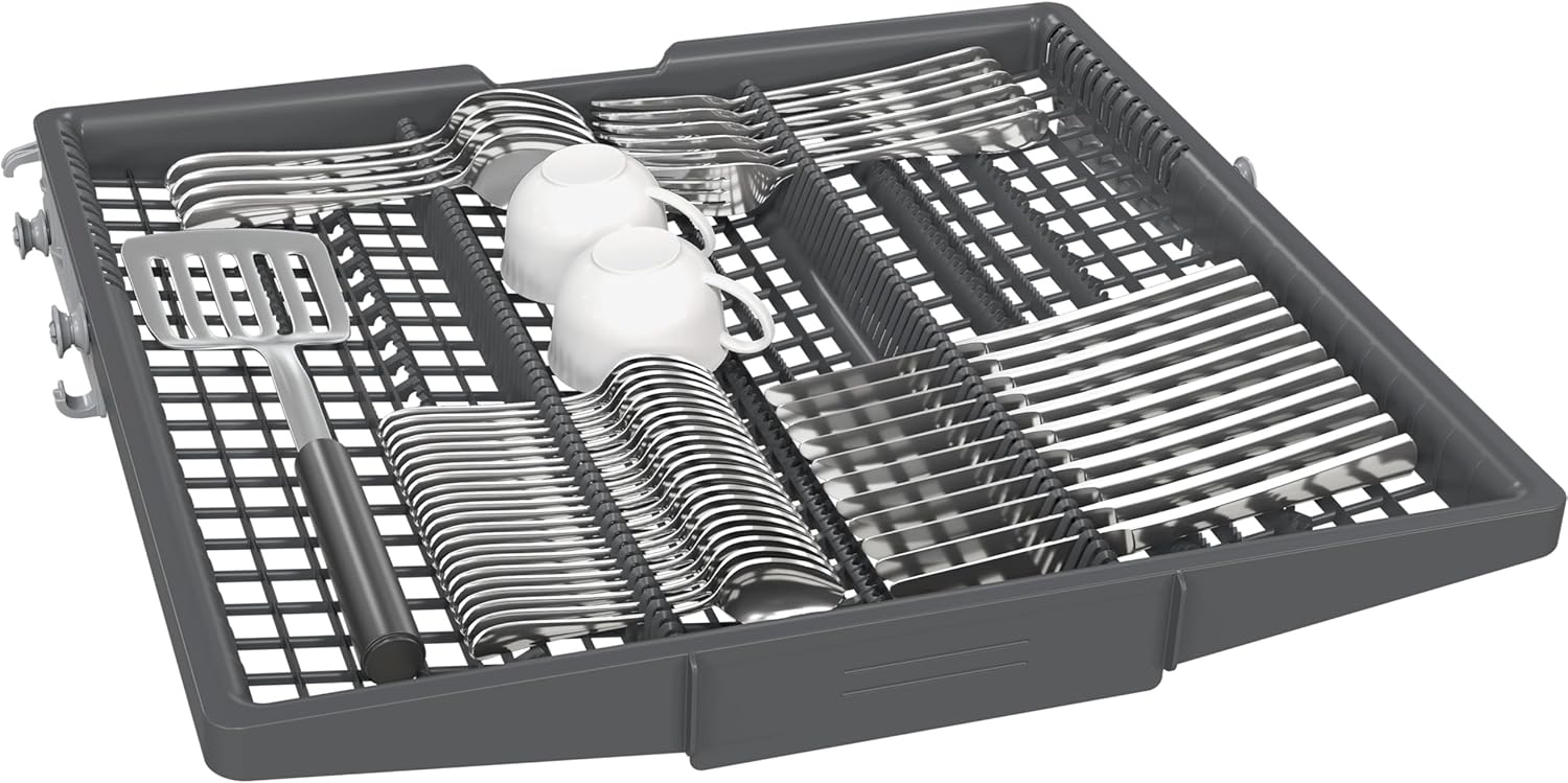 Siemens SN43ES14VE, lavastoviglie intelligente iQ300, lavastoviglie da incasso con cassetto portaposate, 60 cm, apertura automatica della porta grazie ad autoOpen dry, particolarmente silenziosa con motore iQdrive, aquaStop, acciaio inossidabile