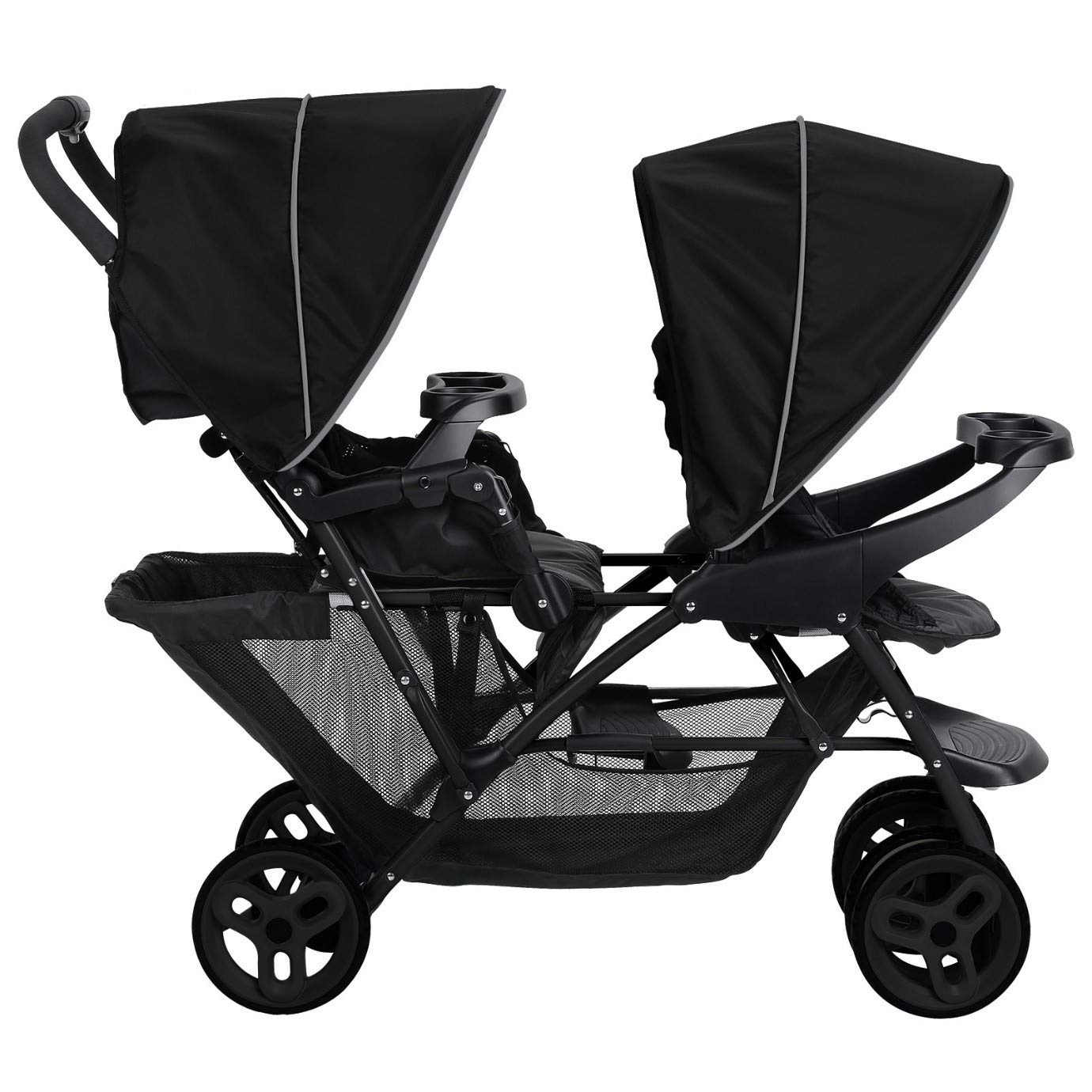 Graco Stadium Duo Passeggino Gemellare, 0-15 kg, utilizzabile anche con seggiolino auto, schienali reclinabili, pieghevole, sta in piedi da solo, ampio cestello portaoggetti, include vassoi portaoggetti, Titanium