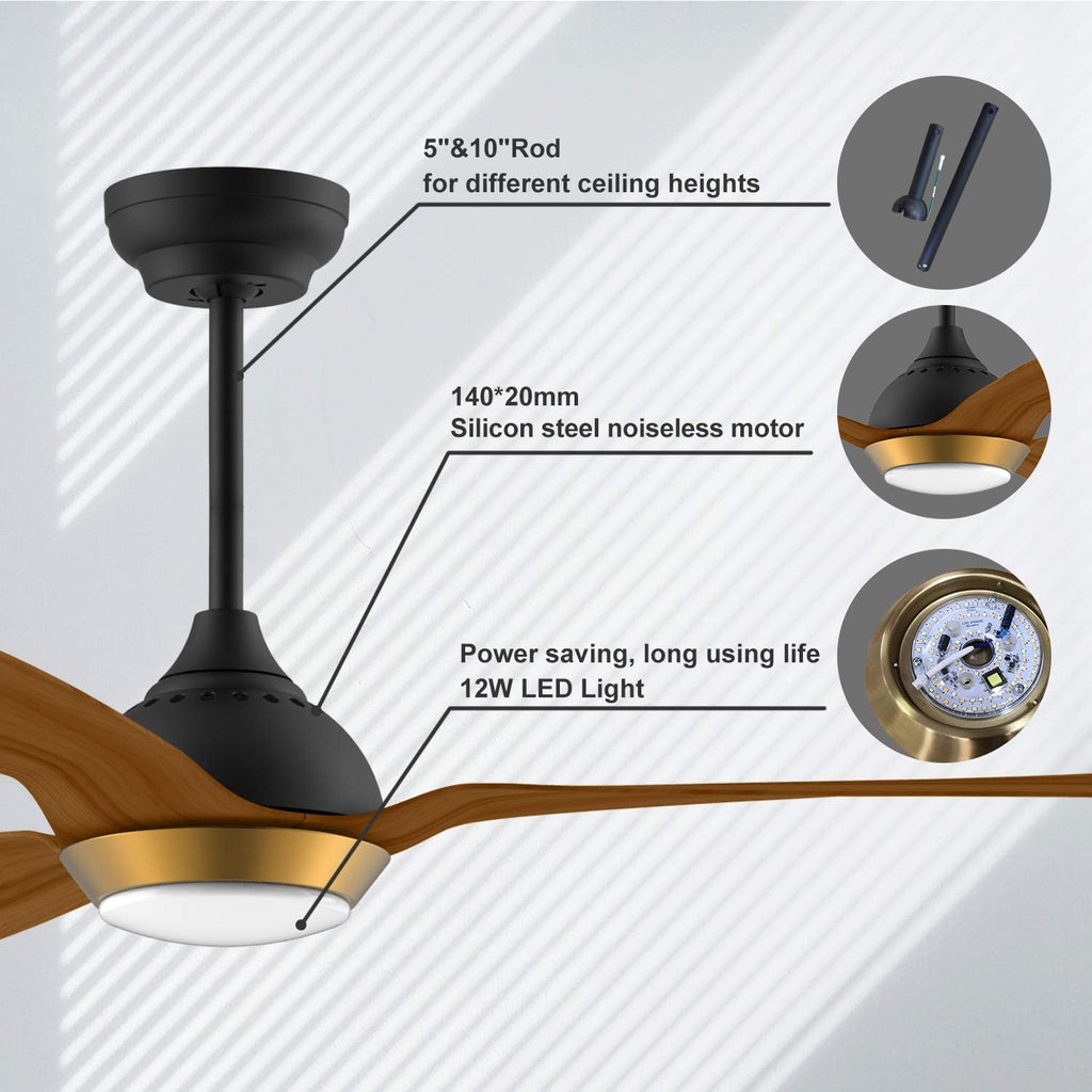 reiga Ventilatore da soffitto WiFi 132 CM con illuminazione a LED dimmerabile e telecomando, 3 temperature di colore, motore DC 6 velocità, compatibile con l'App Alexa Google Home, legno e marrone
