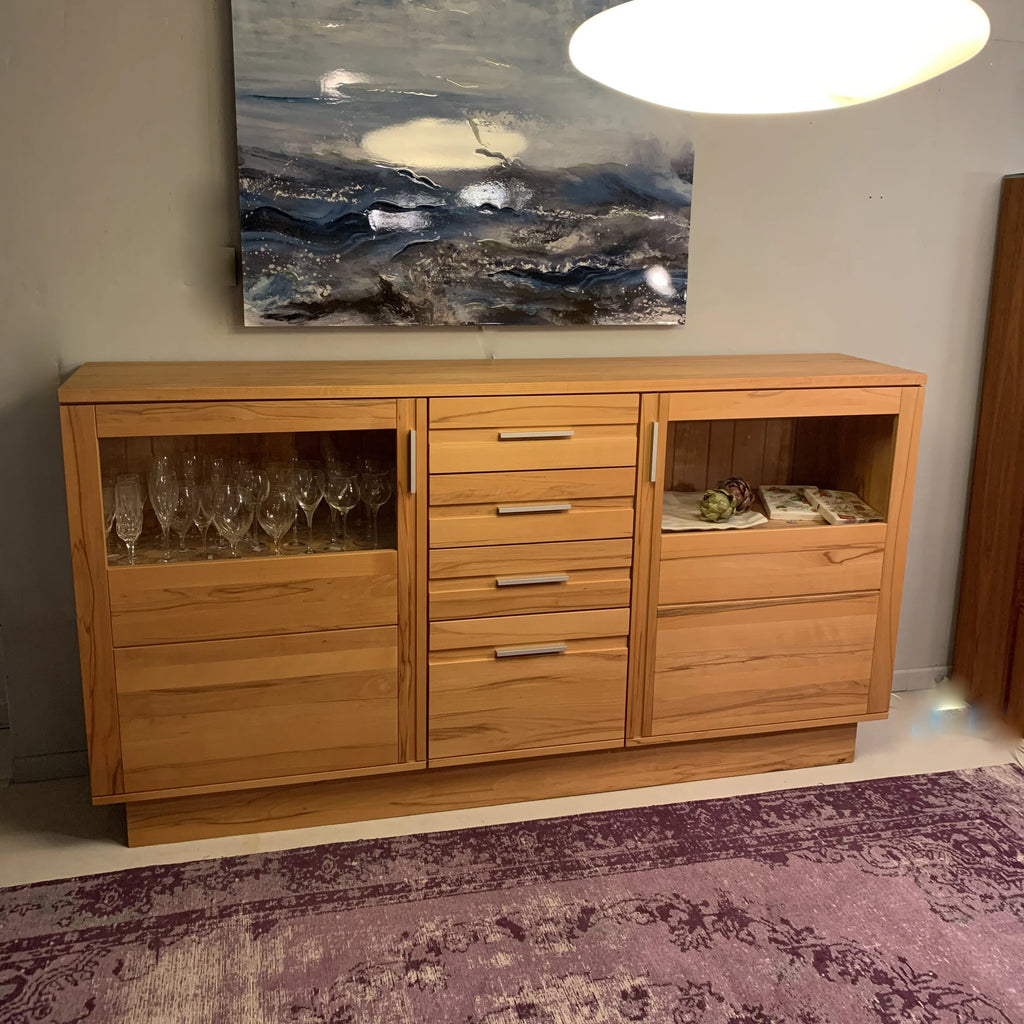 SALDI! Credenza alta moderna in legno massiccio di faggio 208x112x42cm con vetrina e ante scorrevoli e illuminazione