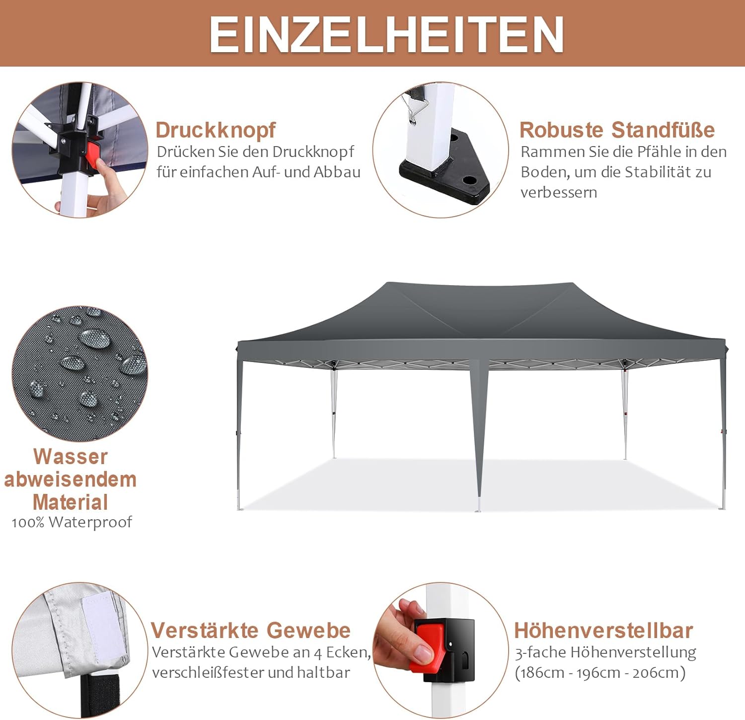 COBIZI Gazebo Pieghevole 3x6 Impermeabile Stabile con 6 Pareti Laterali, Tenda a Padiglione con Tetto a Punta, 3 Altezze Regolabili, Protezione UV, Borsa per Il Trasporto, Picchetti, Corde per Giardino, Matrimoni, Mercati, Eventi all'Aperto