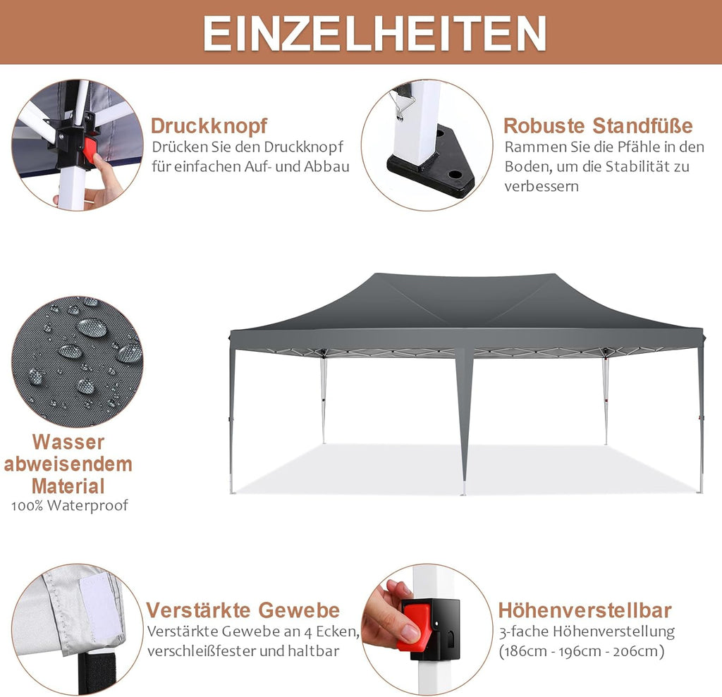 COBIZI Gazebo 3x6 Pieghevole Impermeabile Stabile con 6 Pareti Laterali a Cono Tenda per Feste 3 Altezze Regolabili Protezione UV Borsa per il Trasporto Picchetti, Corde per Giardino, Matrimoni, Mercati, Eventi all'Aperto