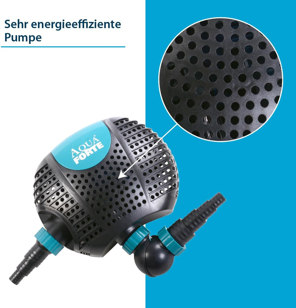 AquaForte O-20000 Plus, 200 Watt, portata max 19 m³/ora, prevalenza max 7 metri, lunghezza cavo 10 metri, per ruscelli, cascate, fontane, filtri, ecc, Nero
