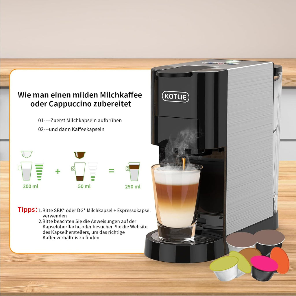 KOTLIE AC-513HF 5 in 1 Kaffeemaschine für NES/DG/a modo mio/Gemahlener Kaffee/ESE(44mm), Höhe für große Tassen (Schwarz)