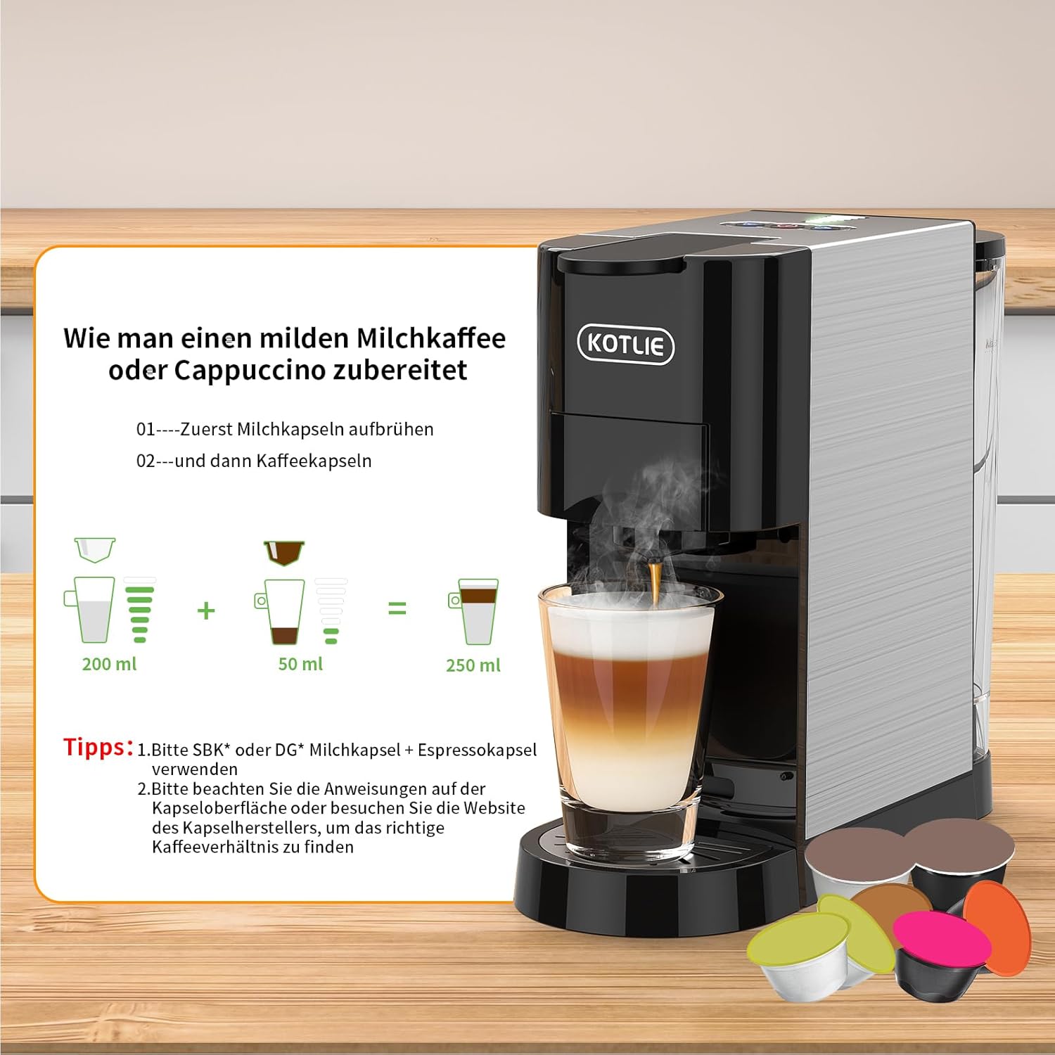 KOTLIE AC-513HF 5 in 1 Kaffeemaschine für NES/DG/a modo mio/Gemahlener Kaffee/ESE(44mm), Höhe für große Tassen (Schwarz)