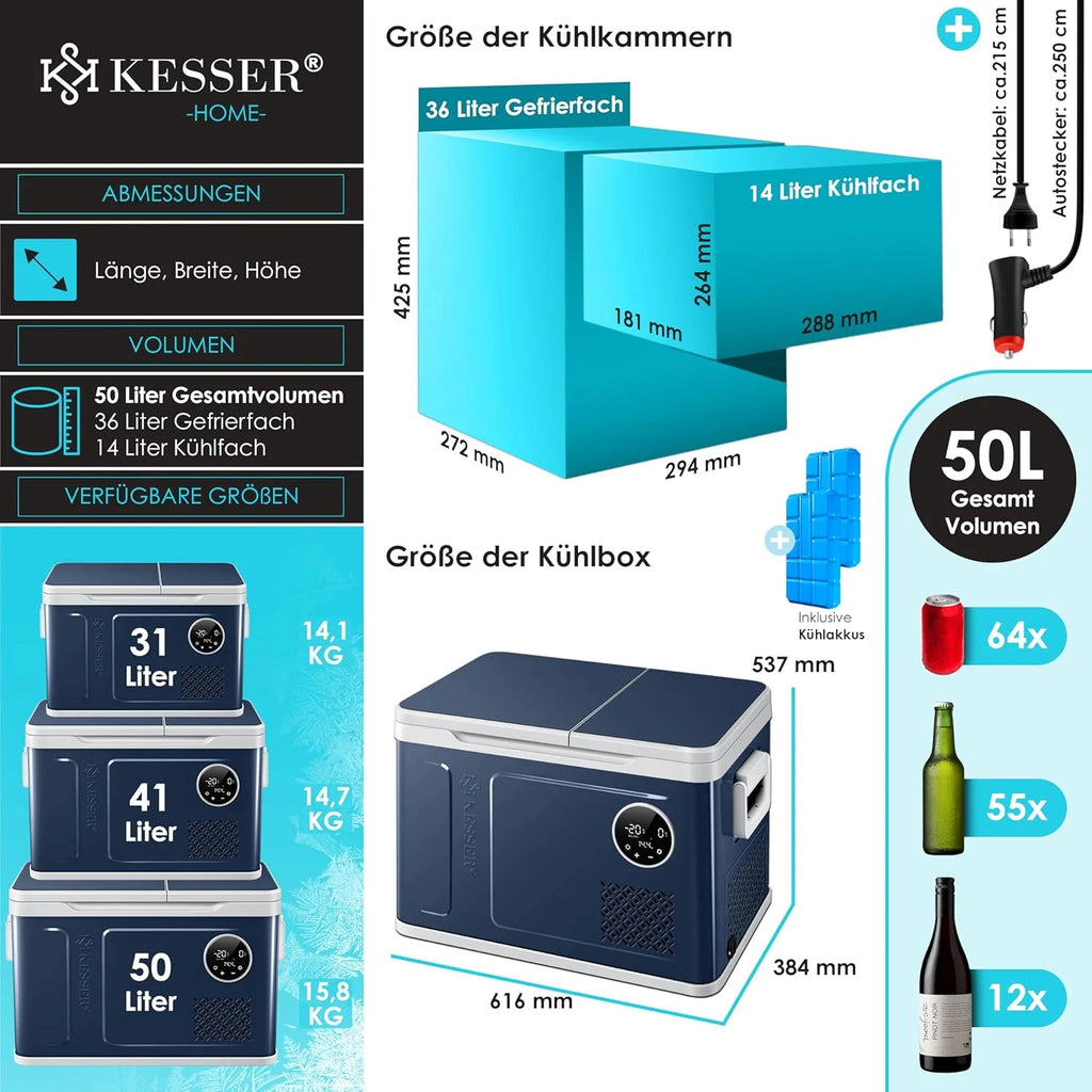 KESSER® Frigorifero portatile a compressore 2in1 doppia zona frigo e congelatore, congelatore elettrico con 2 accumuli di freddo e controllo touch LED | Refrigerazione fino a -20 °C per campeggio, auto, camion 12/24V 230V