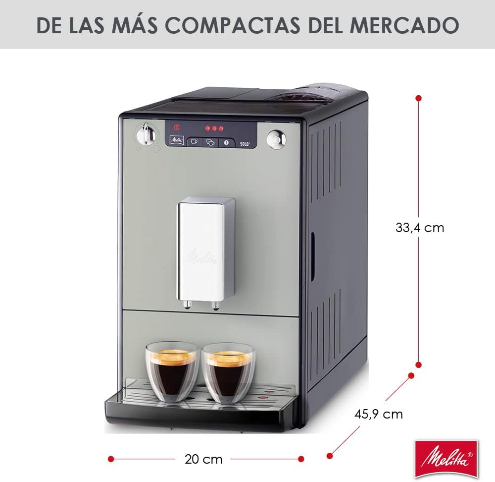 Melitta Solo - Macchina da caffè automatica con beccuccio regolabile in altezza, macchina da caffè piccola con serbatoio dell'acqua rimovibile, per es. espresso o caffè crema, argento