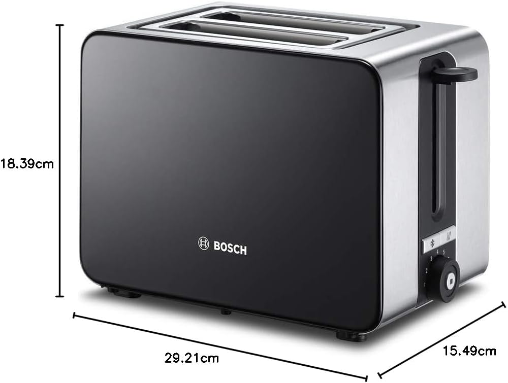 Bosch TAT7203 Tostapane compatto, funzione scongelamento/riscaldamento, 1050 W, acciaio inox/nero e bollitore senza fili, spegnimento automatico, protezione surriscaldamento, selezione temperatura, 1,5 L, 2400 W, nero