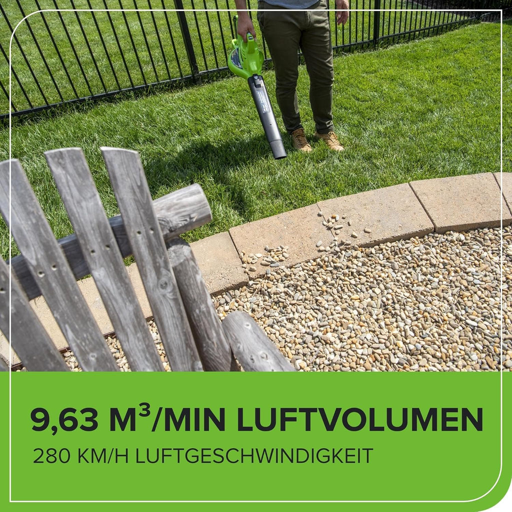 Greenworks 40V Soffiatore Assiale a Batteria con Cruise Control, 177 km/h, 11,05 m³/min, Sacco di Raccolta da 45L, due Batterie da 2Ah e Caricabatterie, 3 Anni di Garanzia GD40BVK2X