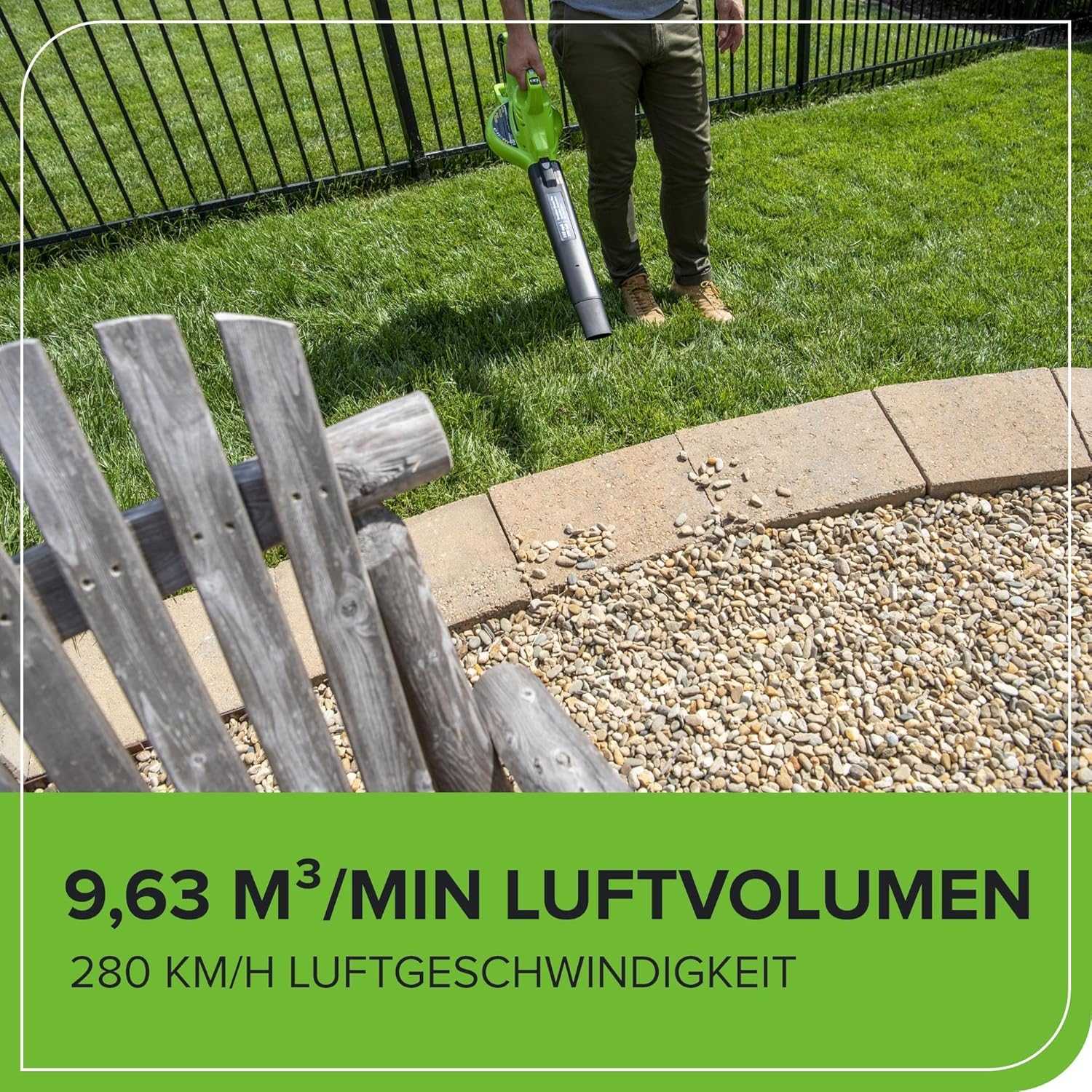 Greenworks 40V Soffiatore Assiale a Batteria con Cruise Control, 177 km/h, 11,05 m³/min, Sacco di Raccolta da 45L, due Batterie da 2Ah e Caricabatterie, 3 Anni di Garanzia GD40BVK2X