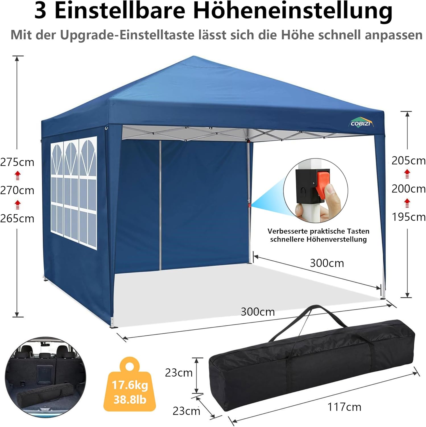 COBIZI Gazebo 3x6 Pieghevole Impermeabile Stabile con 6 Pareti Laterali a Cono Tenda per Feste 3 Altezze Regolabili Protezione UV Borsa per il Trasporto Picchetti, Corde per Giardino, Matrimoni, Mercati, Eventi all'Aperto