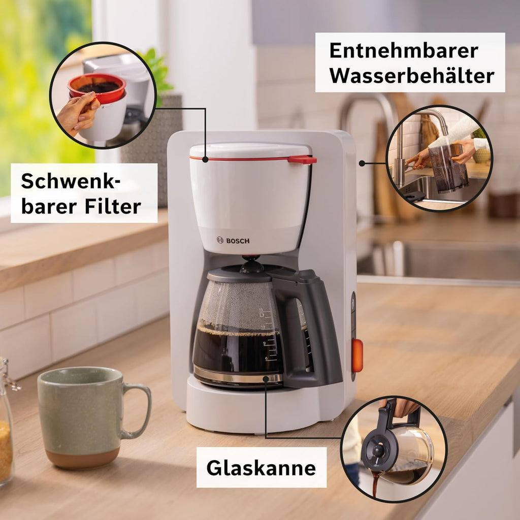 Bosch Filterkaffeemaschine MyMoment TKA3M134, Thermokanne 1 L, für 8-12 Tassen, Tropfstopp, schwenkbarer Filtertrger, Entkalkungsprogramm, abnehmbarer Wassertank, 1200 Watt, Schwarz matt