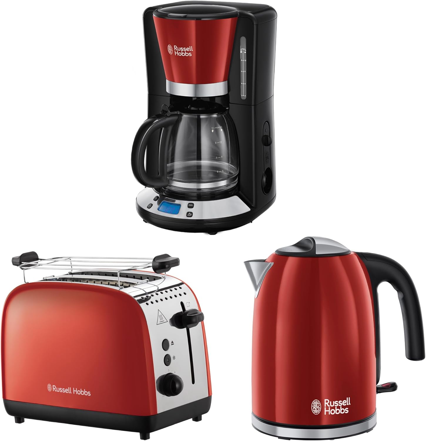 Russell Hobbs Set Colazione Colours+ Rosso: Macchina da caffè [Timer digitale, Doccetta per estrazione e aroma ottimali] 24031-56 + Bollitore [1,7l, 2400W] 20412-70 + Tostapane [per 2 fette] 26554-56
