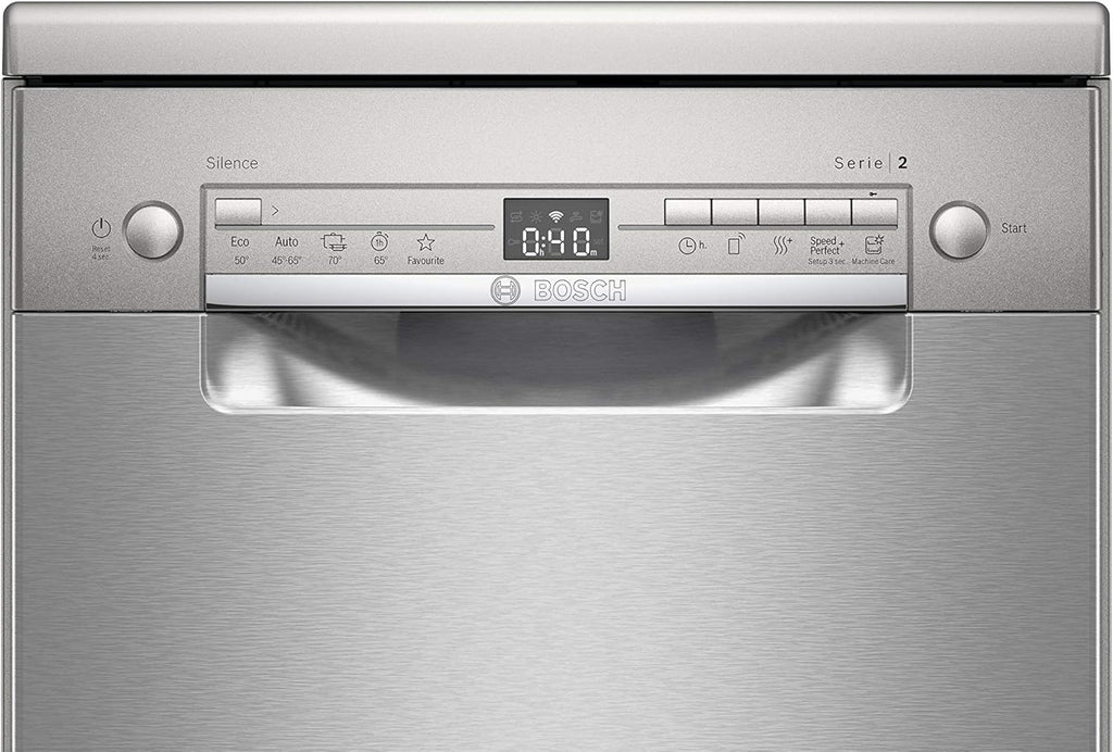 Bosch SPV2IKX10E Serie 2 Lavastoviglie smart a scomparsa totale, larghezza 45 cm, Cestello posate, Extra Asciugatura con la pressione di un pulsante, InfoLight punto luce rosso sul pavimento, AquaStop protezione dai danni causati dall'acqua, Bianco